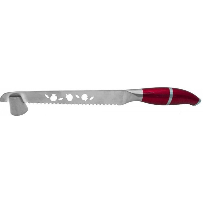 Red Stainless Steel Challah Knife & Stand with Cutout Pomegranates