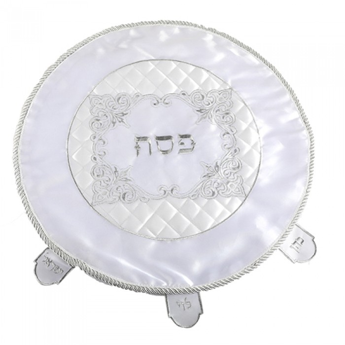 Satin White Matzah Cover with Quilted Pesach Design 