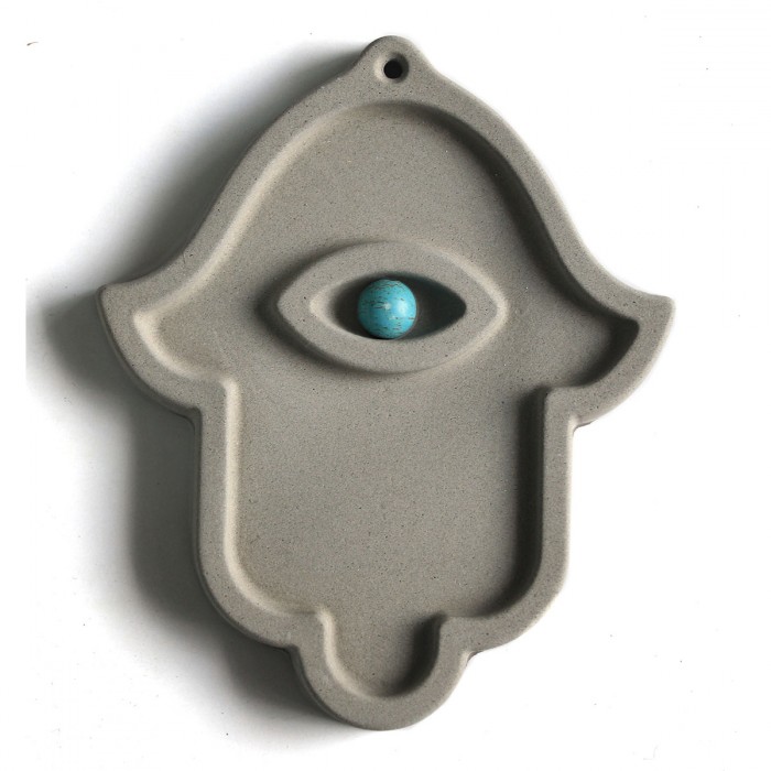 Grey Hamsa Wall Hanging from Concrete with Green Stone Eye by ceMMent