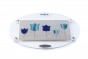 Glass Oval Challah Board for Shabbat with Blue Flowers and Scrolling Lines